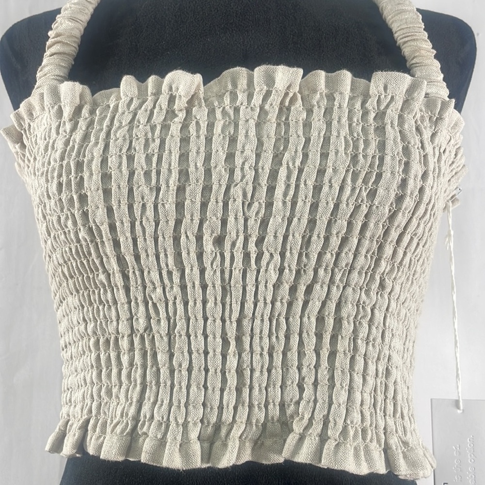 Reformation Vera Linen top,Tan, crop,straps, smocking %100 Linen, Size 8, NWT - Picture 2 of 8